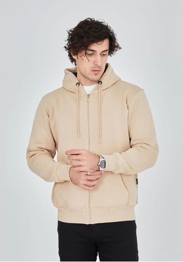 Unisex Tam Fermuarlı Kapşonlu Sweatshirt - Bej Bej