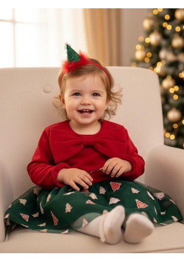 Kız Çocuk Büyük Fiyonklu Yılbaşı Temalı Taçlı Elbise-16403 Kırmızı