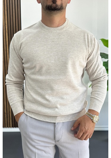 Erkek Bisiklet Yaka Normal Kalıp Kazak Krem Edw410 Krem