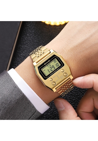 Springsun Skmeı 2460 Dijital Spor Saati: Çelik Kayışlı, 30m Su Geçirmez, El Işık, Kronometre, Alarm Ve Tarih Gösterimi Altın Altın