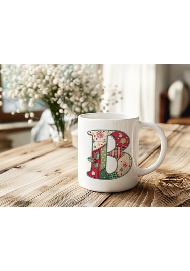 B Harfi Yılbaşı Temalı Kupa Bardak - Yeni Yıl Konsept Yamalı Efekt Tasarım - Noel Hediye Beyaz