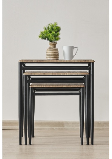 Damrin Serisi Traverten Desen 1. Sınıf Mebran Mdf 3 Lü Zigon Sehpa Takımı Ceviz Desen - Siyah Ayak