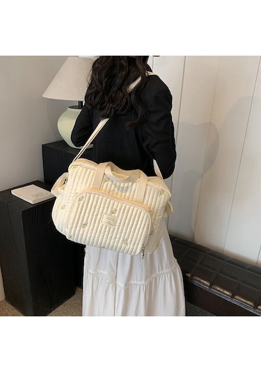 Sevimli Ayı Çiçek Nakış Desen Bebek Bej Pamuklu Kumaş Fermuar Beyaz