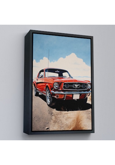 Ahşap Çerçeveli Kırmızı Mustang Tablo-7971