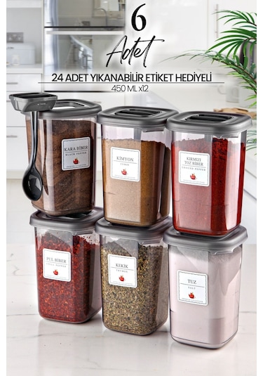 KitchenLife 6'lı Azure Etiketli Ve Kendinden Kaşıklı Baharatlık Seti - Baharatlık Takımı Antrasit - Şeffaf