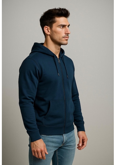 Axxel Erkek İndigo 2 İplik Fermuarlı Kapüşonlu Sweatshirt-w1084 Indigo
