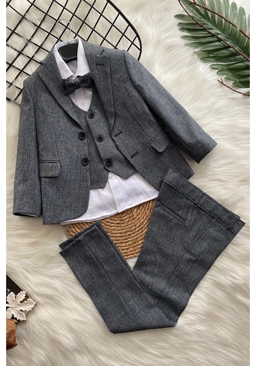 Ceketli Yelekli Papyonlu Erkek Çocuk Takım Elbise Gri
