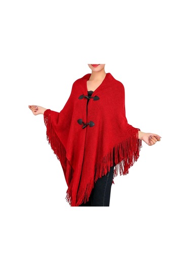 Kadın Moda Sonbahar/kış Kalın Püskül Pelerin Boynuz Toka Düz Renk Pelerin Ceket Kırmızı