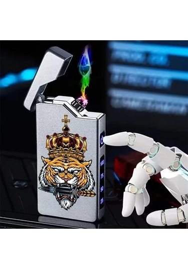 Trendooze Moda Çift Ark Kaplan Desenli Rüzgar Geçirmez Gaojunshop01 Gri Taçlı Usb Şarjlı Çift Ark Çakmak Gri Gri