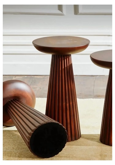 Wood Ahşap 2 Li Set Fitilli Mantar Yan Sehpa Modern Ceviz Renk