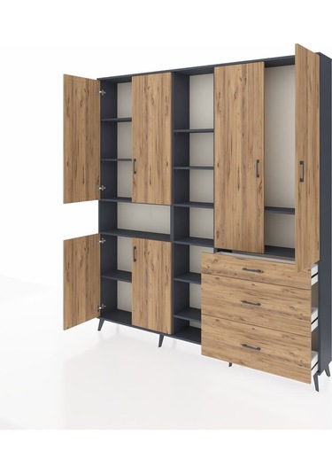 Arges Dolap 13 Raflı 3 Çekmeceli 6 Kapaklı 220x30x243 Antrasit-çam/çam Atlas Çam/atlas Çam