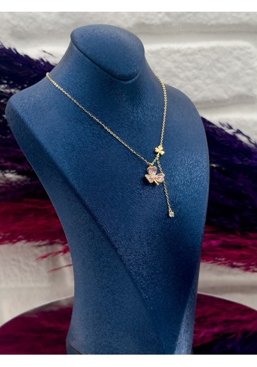 925 Ayar Gümüş Gold Renk Mineli Kelebek Modeli Zarif Kadın Kolye Gümüş