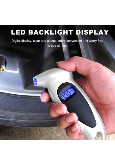 Chuangyinshop Siyah Digital Lastik Basınç Ölçer 4 Ayar Led Nozul Kaymaz Tutamak Aydınlatmalı Lcd Ekran 150 Psı Araç Bisiklet Motor