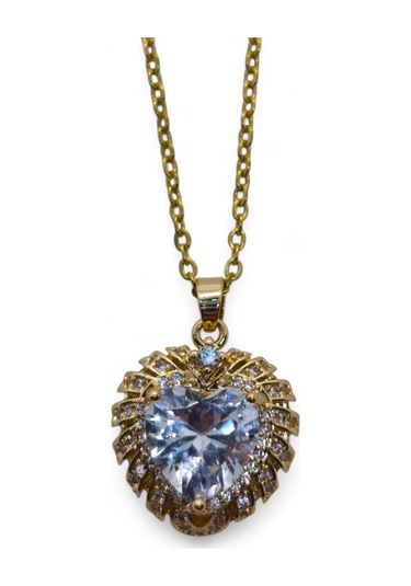 Altın Renk Beyaz Taş Kalp Model Sf Zincir Çelik Kolye - 3721 Çok Renkli