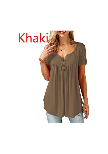 Ten Rengi Bayan O Boyun Düğmesi Gevşek Elastik Bayanlar Kısa Kollu Tunik Gömlek Kadın Rahat Bluzlar Tops Ten Rengi