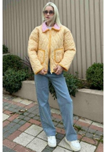 Sarı Pötikareli Cepli Kadın Mont Mg2488 Sarı