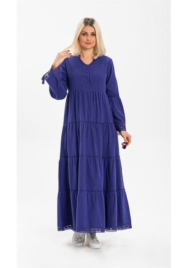 Uzun Kol Seçil Pazen Uzun Elbise Saks Sks Saks Mavisi