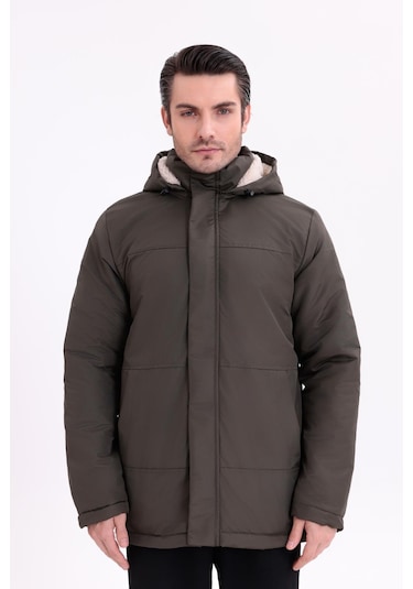 Erkek İçi Kürklü Çıkma Kapüşon Su Ve Rüzgar Geçirmez Kapüşonlu Kışlık Mont & Kaban & Parka Haki