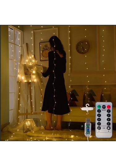 Perde Işıkları 9.8x6.5ft 200 Led Usb İle Çalışan Uzaktan Kumandalı Peri Işıkları Asılı Parıltılı Işıklar İç Mekan Dış Mekan Yatak Odası Pencere Düğün Parti Dekorasyonu Sıcak Beyaz Çok Renkli