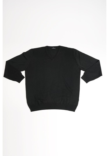 Woolen World V Yaka Battal Büyük Boy Yünlü Triko Kazak Siyah