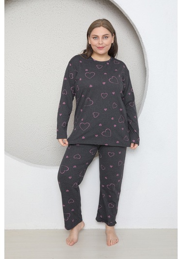 Fames Pijama Büyük Beden Kalp Desenli Mevsimlik Uzun Kol Pijama Takim Füme
