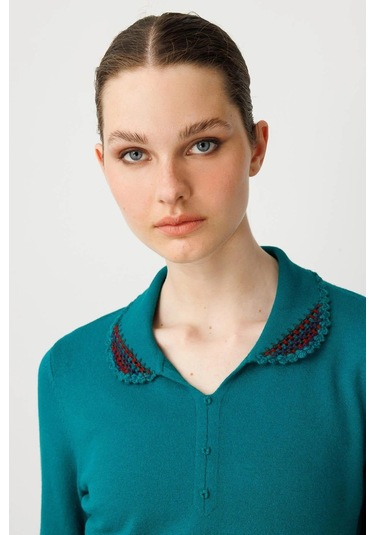 Desen Triko Polo Yaka Likralı Kadın Bluz 25091 Yeşil