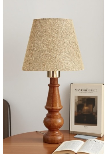Ahşap Gövdeli Kumaş Başlıklı Dekoratif Abajur Masa Lambası Aydınlatma Lamba Ekru