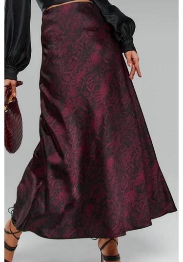 Madmext Bordo Desenli Saten Kadın Uzun Etek Mg2333 Bordo