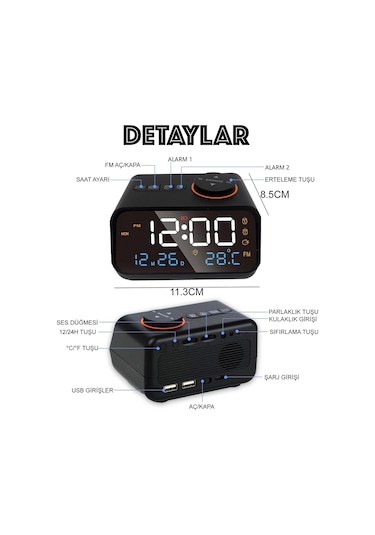 Hymark Dekoratif Led Dijital Saat Fm Radyo 2 Alarm Sıcaklık Ve Nem Göstergeli Şarjlı Pilli Saat Siyah