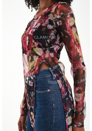 Yırtmaç Detaylı Tül Bluz Pembe