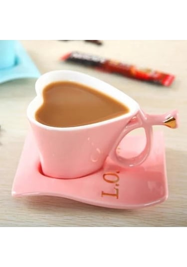 Createtech Mavi Kalp Şeklinde Bardak Set, Sevgililer Günü Hediyesi, Fincan Ve Süt Kaşığı İle Sıcak Kahve Mavi