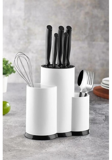 Flosoft Tezgah Üstü Bıçaklık, 3 Bölmeli Kaşık Bıçak Çatal Standı Çok Amaçlı Mutfak Düzenleyici Beyaz