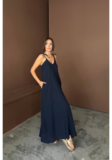 Askılı Uzun Salaş Müslin Elbise - Lacivert Lacivert