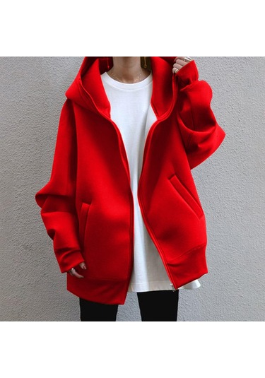 Kadın Günlük Gevşek Uzun Kollu Fermuar Kapşonlu Uzun Yastıklı Kazak Ceket Kırmızı