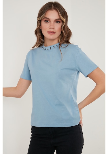 Lela Yakası Baskılı Bisiklet Yaka Basic Örme Bayan T Shirt 5864054 Bebe Mavi