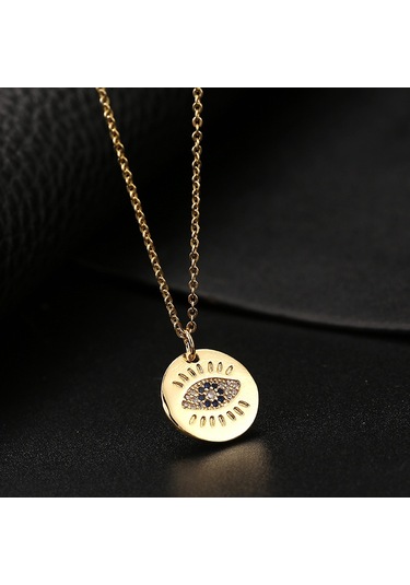 Takı: Titanyum Çelik Köprücük Kimi Zinciri, Renkli Zirkon Taşlı Göz Pandantif, Şeytan Gözü Kolye Altın - Koyu Füme