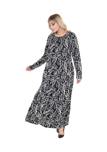 Melsay Butik Siyah Yaprak Desen Uzun Kollu Kadın Tesettür Elbise Siyah