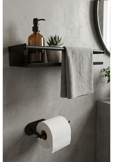 Zift Unique Paslanmaz Çelik Mat Siyah Yapışkan Montaj Banyo Rafı - Tuvalet Kağıdı Askısı Set
