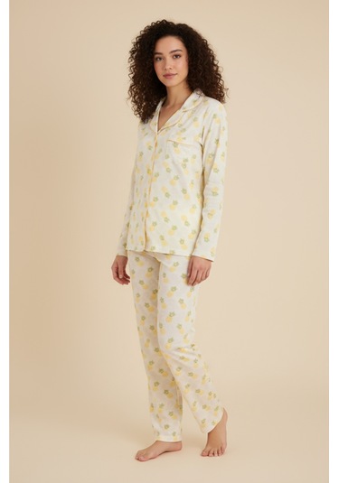 Luxury Viscose Ananas Desenli Kadın Uzun Kollu Pijama Takımı 42571 Sarı