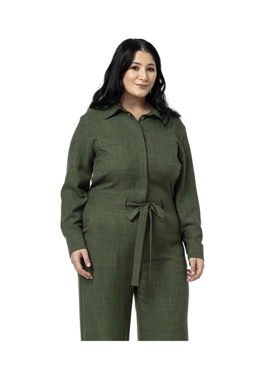 Büyük Beden Beli Tünelli Ve Arkadan Lastikli Geniş Paça Haki Tulum Haki