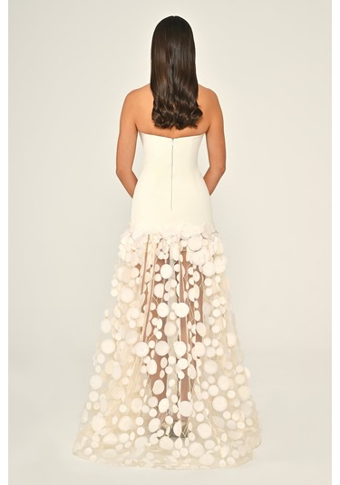 Krep Eteği 3 Boyutlu Tül Uzun Abiye Elbise Alfa Beta B7067 Ekru