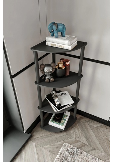 4 Katlı Dekoratif Köşe Kitaplık Siyah Siyah