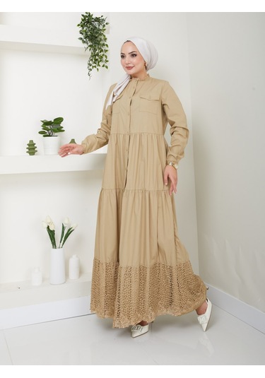 Dantelli Doğal Kumaşlı Boydan Düğmeli Kot Elbise Haki
