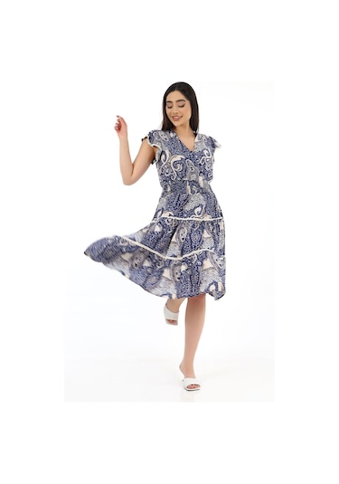 Kadın Viskon Yarım Kol V Yaka Gipeli Elbise Lacivert Lacivert