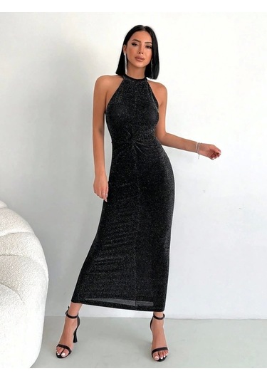 Simli Buzi Elbise Siyah