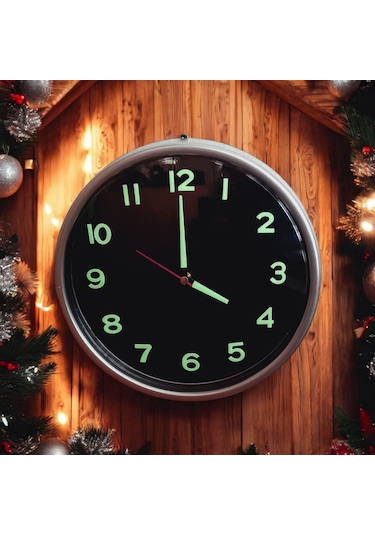 Fosforlu 3d Kabartma Rakam Duvar Saati Siyah Gümüş Renk Çap 28 Cm Gümüş