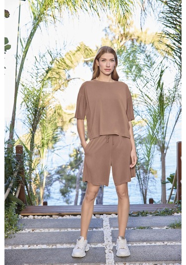 Monamise Kadın Kısa Kollu Bisiklet Yaka Alt Üst Takım 25072 Kahve