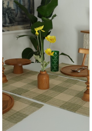 Yakacihome Juta Yeşil 5 Parça 4 Parça Amerikan Servis & 1 Parça Püsküllü Runner Jüt Kumaş Sofra Seti Yeşil