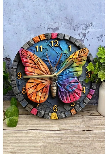 Renkli Kelebek Figürlü Çift Katmanlı Mdf Duvar Saati 3d Görünümlü 33 Cm Sdw004 Renkli