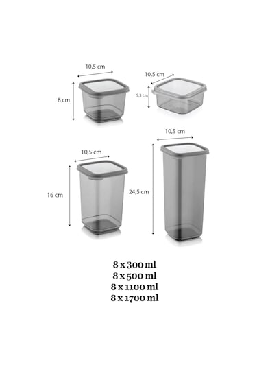 Meleni Home 32'li Etiketli Kapaklı Kare Erzak Saklama Kabı Seti 8x 0,3 Lt-0,5 Lt-1,1 Lt-1,7 Lt Baharatlık